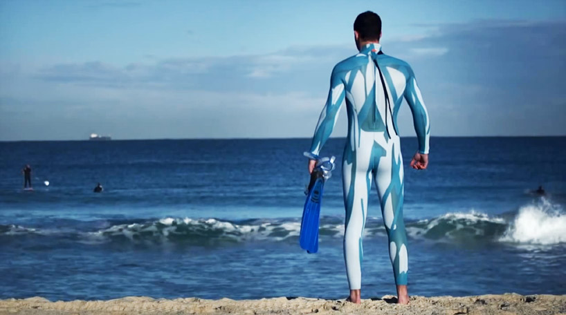 The SAMS Cryptic™ wetsuit uses disruptive coloration and shaping to make it difficult for the shark to see the wearer in the water. Photo: SAMS