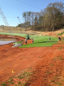 Hydro-Turf, a fiber-reinforced concrete armoring technology by Watershed Geosynthetics, Alpharetta, Ga., was used to stabilize the shores of a lake used for cable wakeboarding. The project was completed in April 2014. Photos: Watershed Geosynthetics. 