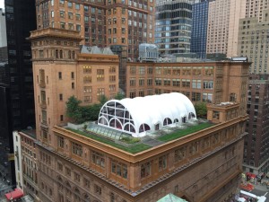 Pvilion’s Airtent—a deployable, self-contained event structure shown here on the rooftop of Carnegie Hall— uses fabric flexible composite airbeams to support the roof. Photo: Pvilion. 