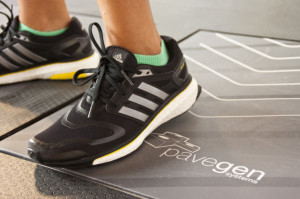 Pavegen, a clean tech company headquartered in London, has developed and manufactured flooring technology that converts kinetic energy from footsteps, which would otherwise be wasted, into renewable electricity. The top surface of the flooring unit is made from 100 percent recycled rubber, and the base of the slab is constructed from more than 80 percent other recycled materials. Photo: Pavegen