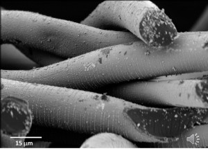 Inorganic modifications on textiles are being developed by the Jur research group to improve the thermal and electrical conductivity of textiles for applications in integrated energy harvesting and sensing.  In the image, Ag nanoparticles are nucleated onto a ZnO-coated onto a nonwoven fabric.  