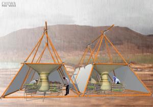 To decrease the loss of agricultural land in Peru, the CHUWA tensile structure is designed to collect and filter polluted water to create microclimates suitable for hydroponic vegetable gardening. Photo courtesy of Maria Fernanda, Isabel Lugo Prado and Wendy Rosales Martel, Universidad Ricardo Palma.