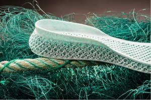 The 3D printed midsole is made from recycled polyester and gill nets.