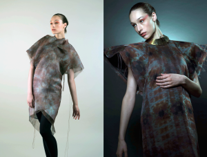 The Shoulder Dress embodies the complexity of the design process when designing for active fibers. The collection shows garments in their multiple stages, low and high energy, enabled by future fibers and transformative textiles. Photo by Ronald Borshan ©2012