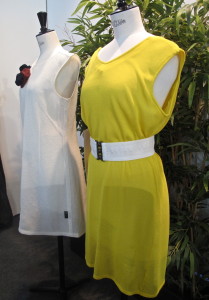 The smart textiles shown reflected the trend towards textile developments that are both smart and sustainable. Shown here is a white dress made using a paper yarn and a yellow dress that uses post-consumer denim waste.