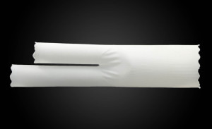 This woven bifurcate is a 3D device that can be crimped and placed into a catheter and threaded through the femoral artery to the aorta, where it is deployed. Photo: Bally Ribbon Mills.