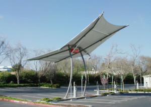 Pvilion has designed an integrated shade and power canopy for American parking lots that is UL certified and is as efficient as glass-enclosed PV systems at one-third the weight. Photo: Pvilion