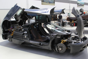 Each Pagani chassis is constructed from 240 carbon-based composite components; depending on the required stiffness and strength, close to 10 different composites are used. One of these combines titanium and carbon fiber in a composite called Carbotanium, (developed and patented by Pagani), that is roughly six times lighter than steel and provides the best strength-to-weight ratio in the automotive industry. Photo: Zund America ©